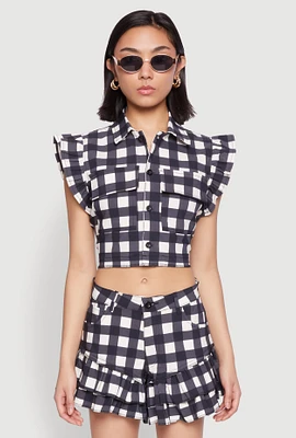 Womens Buffalo Plaid Ruffle Sleeve Cropped Shirt,