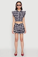 Womens Buffalo Plaid Ruffle Sleeve Cropped Shirt, Multi, Size L