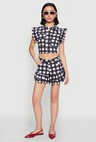 Womens Buffalo Plaid Ruffle Sleeve Cropped Shirt, Multi, Size L