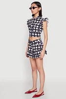 Womens Buffalo Plaid Ruffle Sleeve Cropped Shirt, Multi, Size L