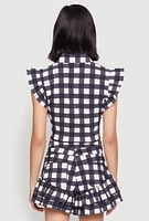 Womens Buffalo Plaid Ruffle Sleeve Cropped Shirt, Multi, Size L