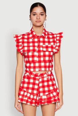 Womens Buffalo Plaid Ruffle Sleeve Cropped Shirt,
