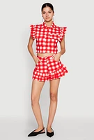 Womens Buffalo Plaid Ruffle Sleeve Cropped Shirt,