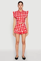 Womens Buffalo Plaid Ruffle Sleeve Cropped Shirt,