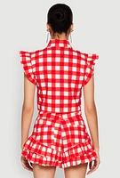 Womens Buffalo Plaid Ruffle Sleeve Cropped Shirt,