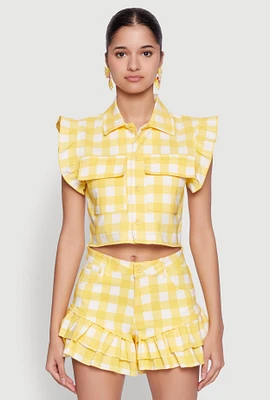 Womens Buffalo Plaid Ruffle Sleeve Cropped Shirt, Yellow, Size XL