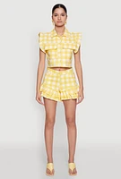 Womens Buffalo Plaid Ruffle Sleeve Cropped Shirt, Yellow, Size XL