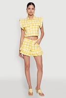 Womens Buffalo Plaid Ruffle Sleeve Cropped Shirt, Yellow, Size XL