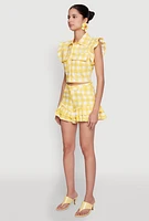 Womens Buffalo Plaid Ruffle Sleeve Cropped Shirt, Yellow, Size XL