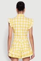 Womens Buffalo Plaid Ruffle Sleeve Cropped Shirt, Yellow, Size XL