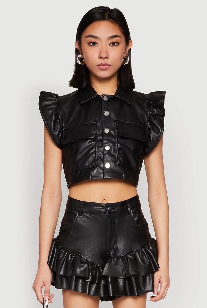 Womens Flutter Sleeve Faux Leather Jacket, Black, Size M