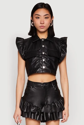 Womens Flutter Sleeve Faux Leather Jacket, Black, Size M