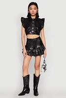 Womens Flutter Sleeve Faux Leather Jacket, Black, Size M