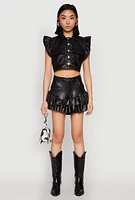 Womens Flutter Sleeve Faux Leather Jacket, Black, Size M