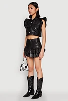 Womens Flutter Sleeve Faux Leather Jacket, Black, Size M