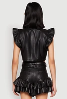 Womens Flutter Sleeve Faux Leather Jacket, Black, Size M