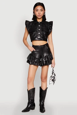 Womens Tiered Ruffle Hem Faux Leather Shorts, Black, Size L