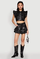 Womens Tiered Ruffle Hem Faux Leather Shorts, Black, Size L