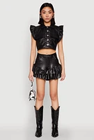 Womens Tiered Ruffle Hem Faux Leather Shorts, Black,