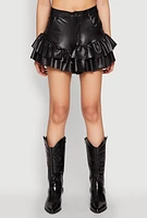 Womens Tiered Ruffle Hem Faux Leather Shorts, Black, Size L