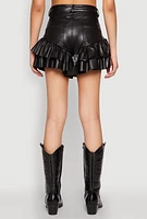 Womens Tiered Ruffle Hem Faux Leather Shorts, Black, Size L