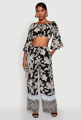 Womens Spoon Jeans High Waisted Printed Pattern Palazzo Pants, Black,