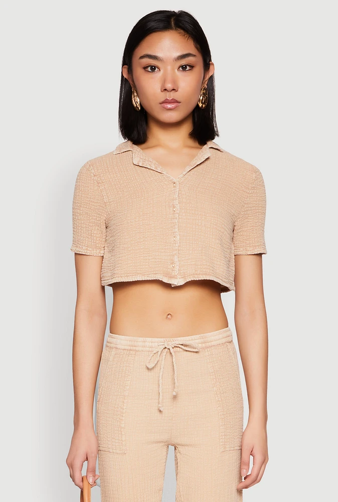 Womens Spoon Jeans Gauze Knit Cropped Shirt, Beige,