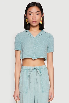 Womens Spoon Jeans Gauze Knit Cropped Shirt, Green, Size M
