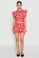 Womens Ruffled Hem Buffalo Plaid Shorts,