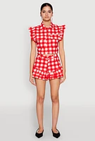 Womens Ruffled Hem Buffalo Plaid Shorts,