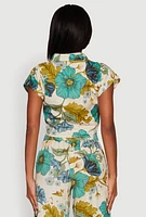 Womens Spoon Jeans Floral Print Tie Front Cropped Shirt, Multi, Size M