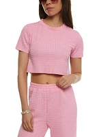 Womens Textured Knit Short Sleeve Crop Top, Pink, Size S