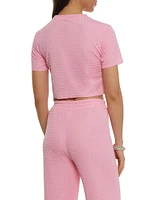 Womens Textured Knit Short Sleeve Crop Top, Pink, Size S
