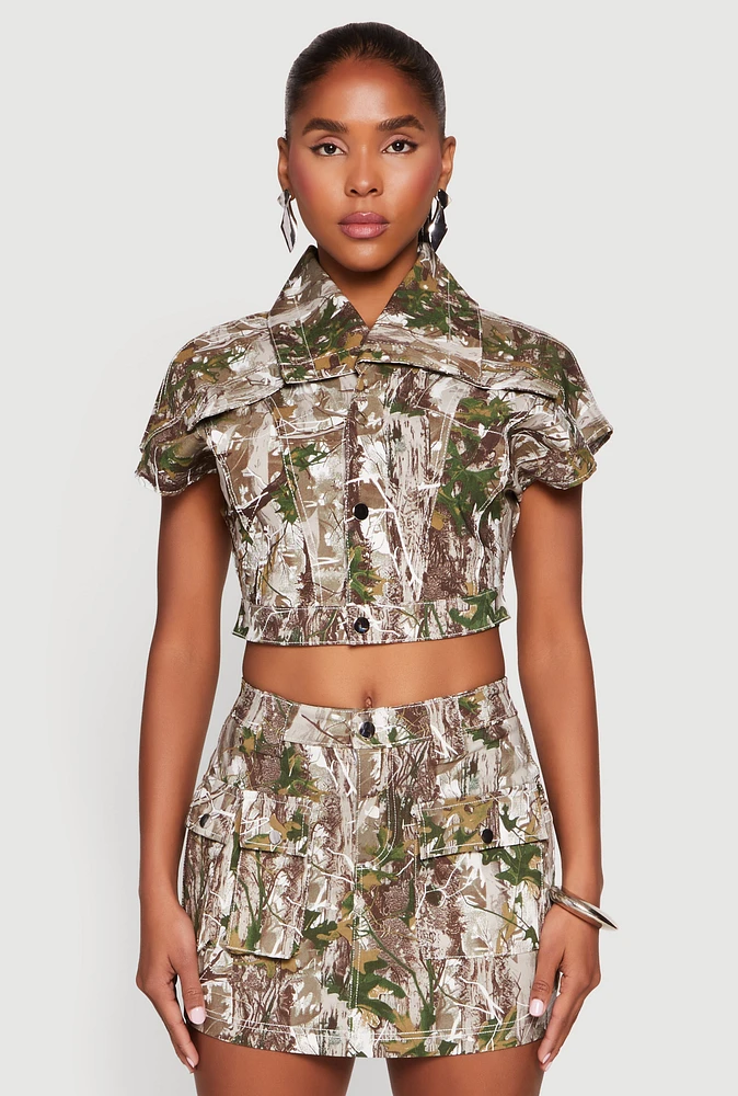 Womens Leaf Printed Short Sleeve Cropped Jacket, Multi,