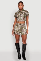 Womens Leaf Printed Short Sleeve Cropped Jacket, Multi,