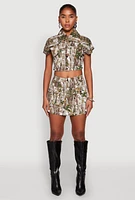 Womens Leaf Printed Short Sleeve Cropped Jacket, Multi,