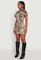 Womens Leaf Printed Short Sleeve Cropped Jacket, Multi,