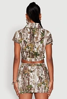 Womens Leaf Printed Short Sleeve Cropped Jacket, Multi,