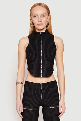 Womens Pinstripe Zip Front Crop Top, Black, Size M