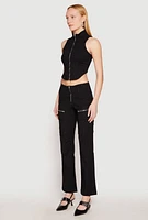 Womens Pinstripe Zip Front Crop Top, Black, Size L