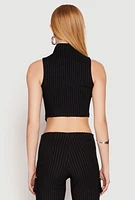 Womens Pinstripe Zip Front Crop Top, Black, Size M