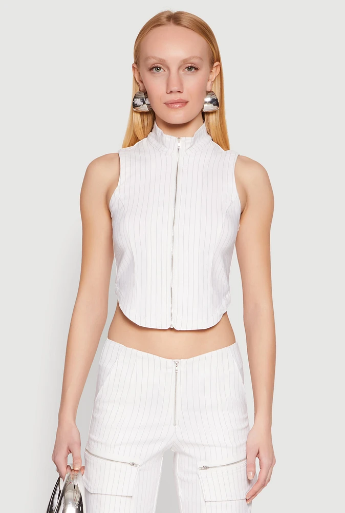 Womens Pinstripe Zip Front Crop Top, White, Size XL