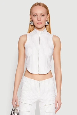 Womens Pinstripe Zip Front Crop Top, White, Size XL