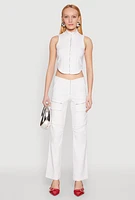 Womens Pinstripe Zip Front Crop Top, White, Size XL