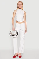 Womens Pinstripe Zip Front Crop Top, White, Size XL