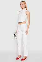 Womens Pinstripe Zip Front Crop Top, White, Size XL