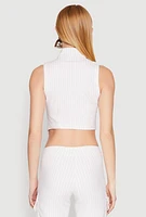 Womens Pinstripe Zip Front Crop Top, White, Size XL