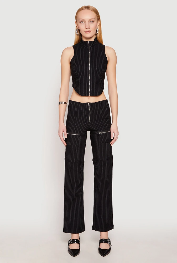 Womens Pinstripe Zip Front Pants, Black, Size L