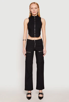 Womens Pinstripe Zip Front Pants, Black, Size L