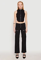 Womens Pinstripe Zip Front Pants, Black, Size L